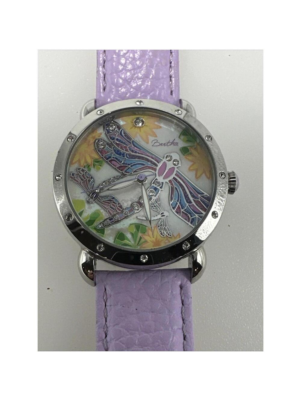 Bertha Ladies Dragonfly Watch 38mm Stainless Steel Case Purple Leather Strap